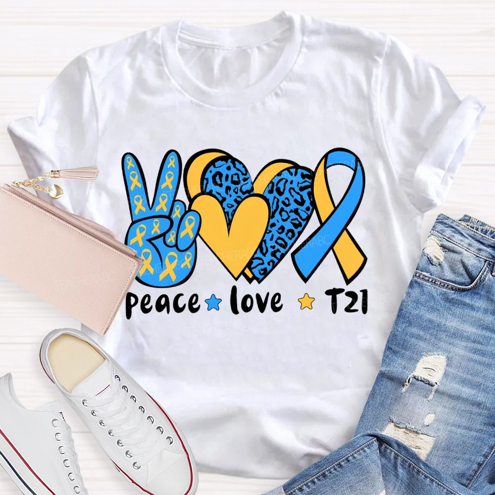 Peace Love Down Syndrome Blue And Yellow Heart Teacher T-shirt
