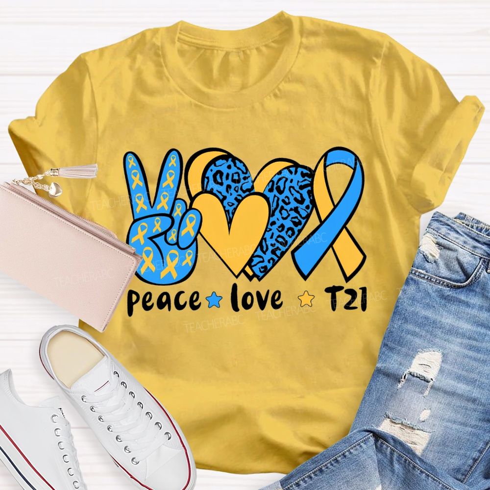 Peace Love Down Syndrome Blue And Yellow Heart Teacher T-shirt