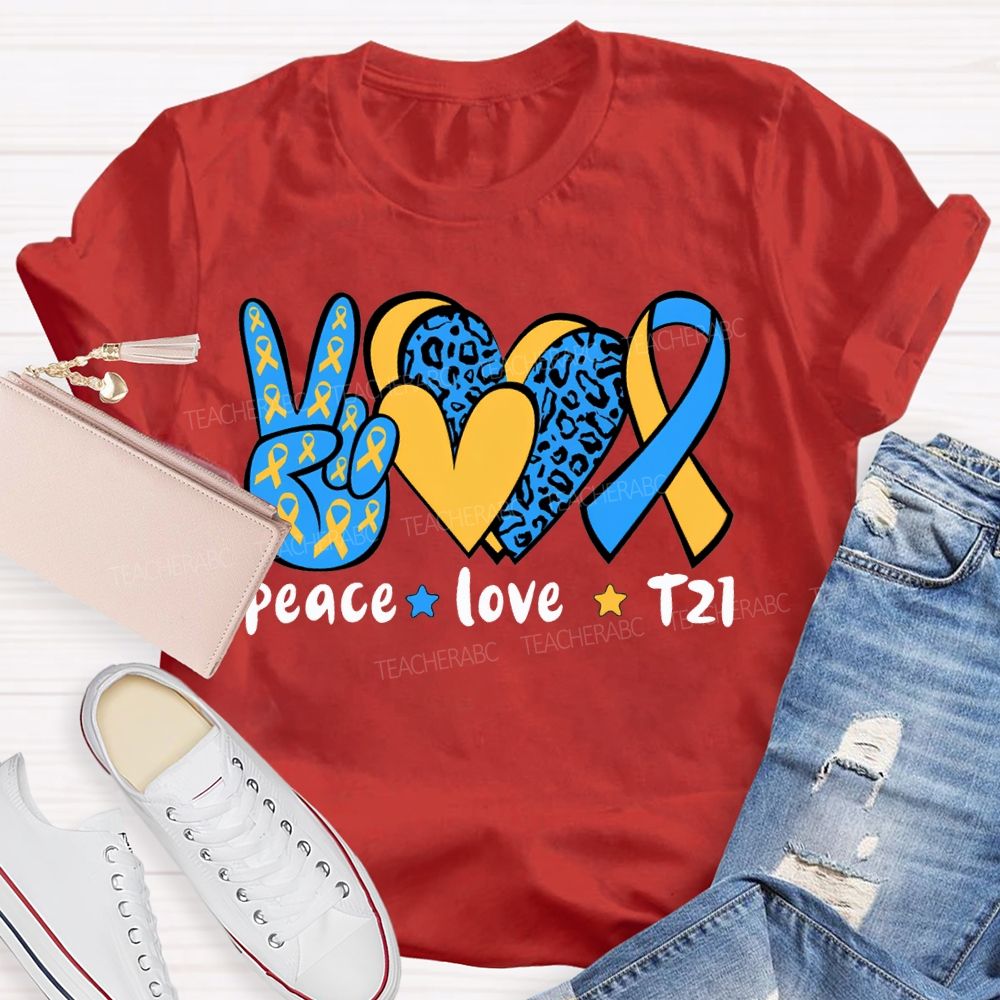 Peace Love Down Syndrome Blue And Yellow Heart Teacher T-shirt
