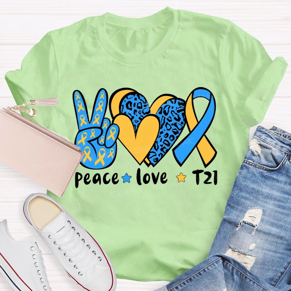 Peace Love Down Syndrome Blue And Yellow Heart Teacher T-shirt