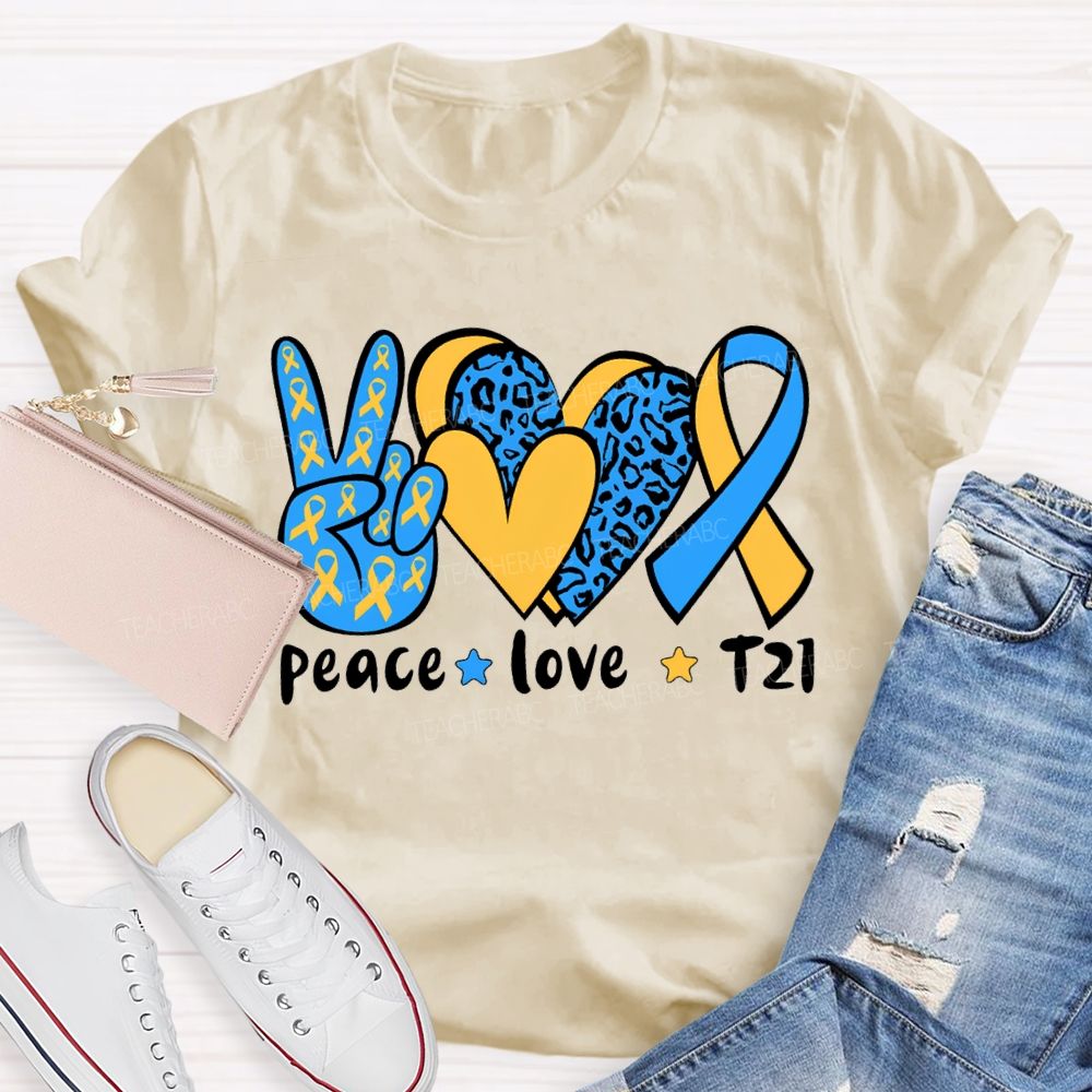 Peace Love Down Syndrome Blue And Yellow Heart Teacher T-shirt