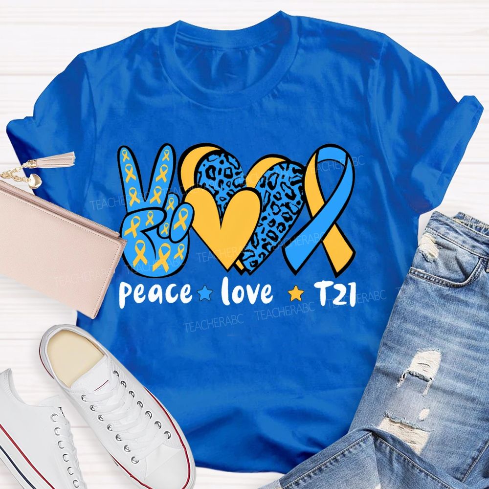 Peace Love Down Syndrome Blue And Yellow Heart Teacher T-shirt