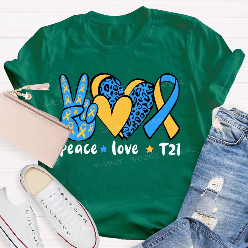 Peace Love Down Syndrome Blue And Yellow Heart Teacher T-shirt