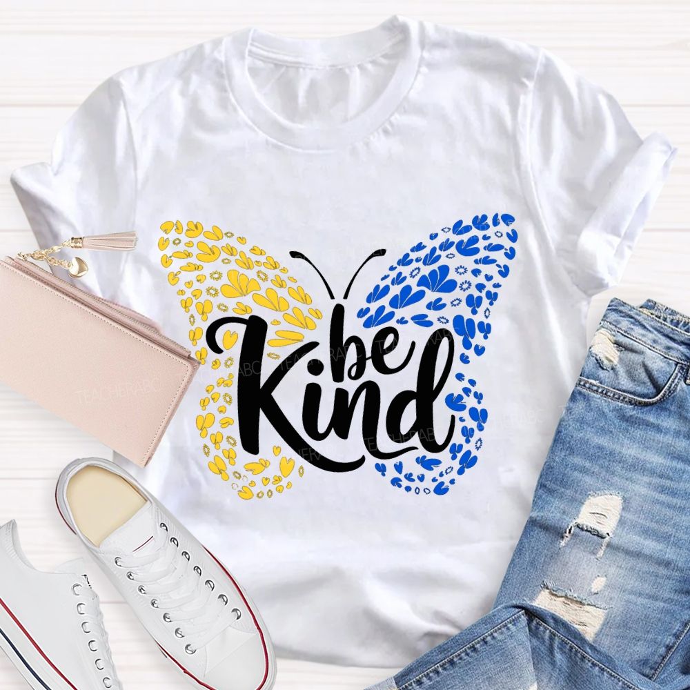 Be Kind Down Syndrome Blue And Yellow Butterfly Teacher T-shirt