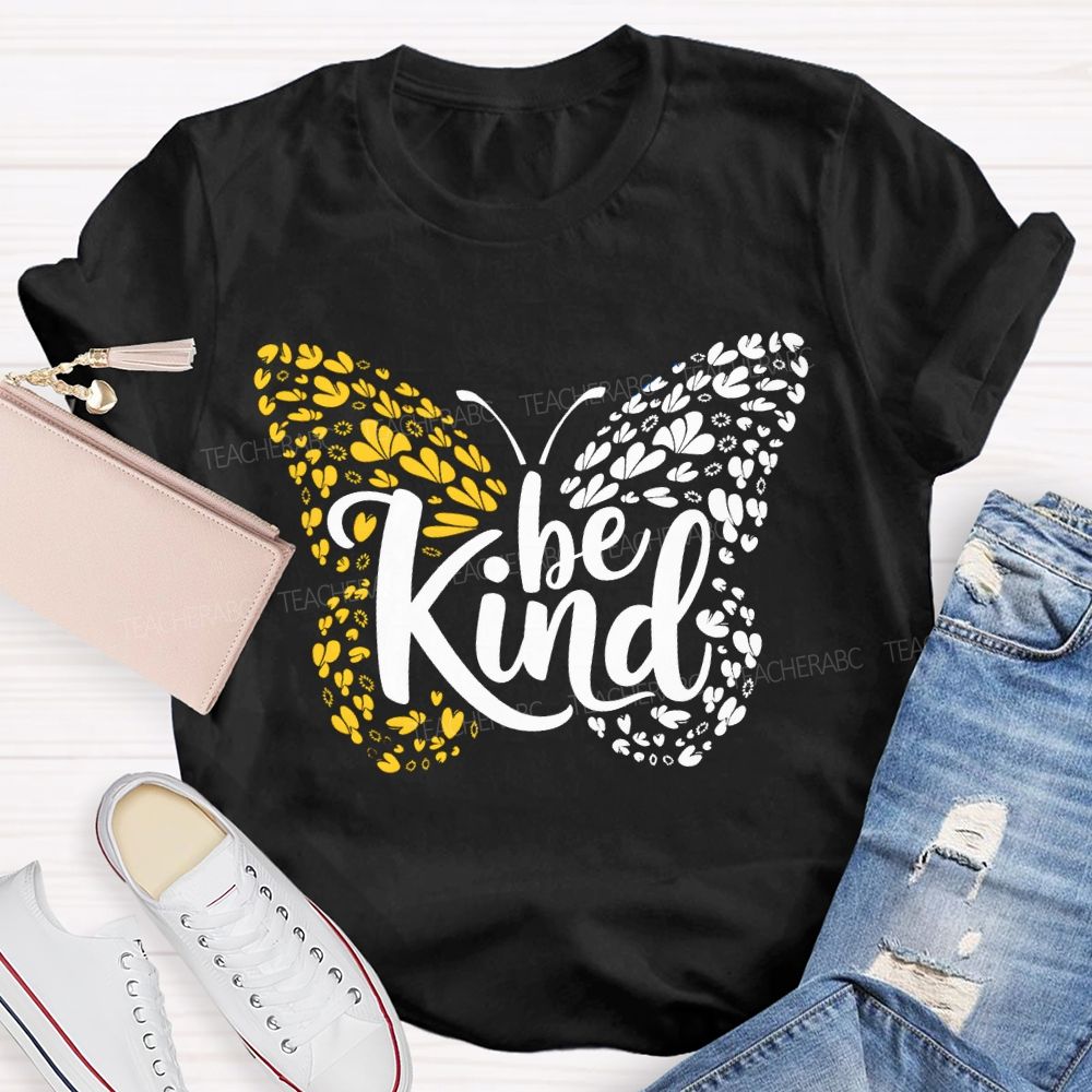 Be Kind Down Syndrome Blue And Yellow Butterfly Teacher T-shirt
