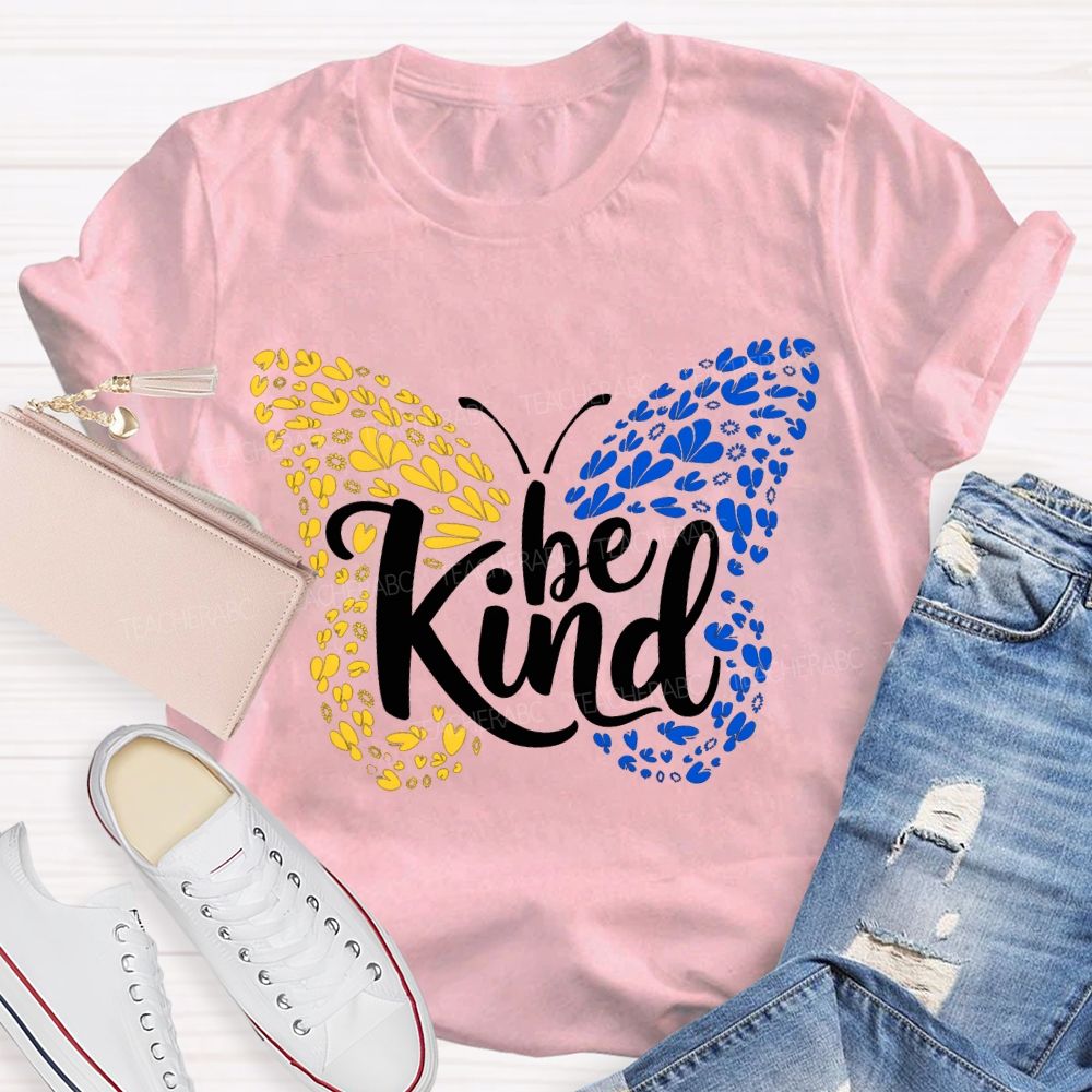 Be Kind Down Syndrome Blue And Yellow Butterfly Teacher T-shirt
