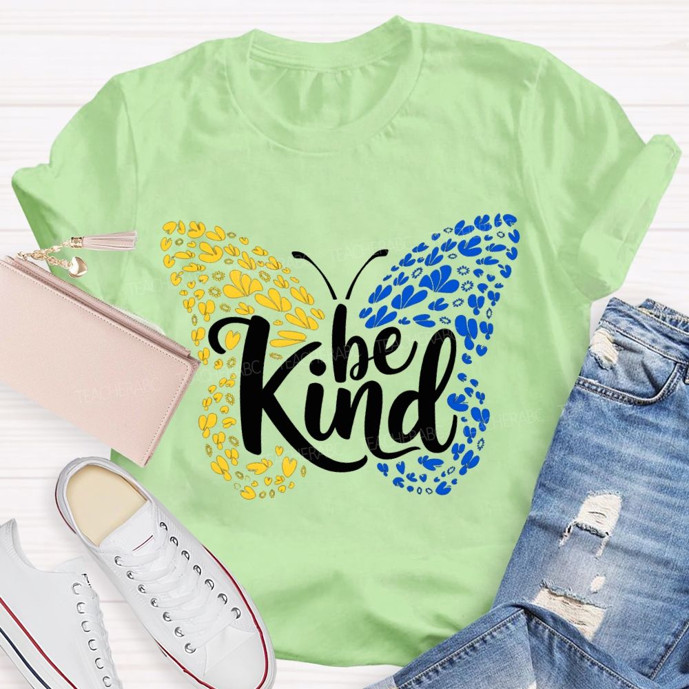 Be Kind Down Syndrome Blue And Yellow Butterfly Teacher T-shirt