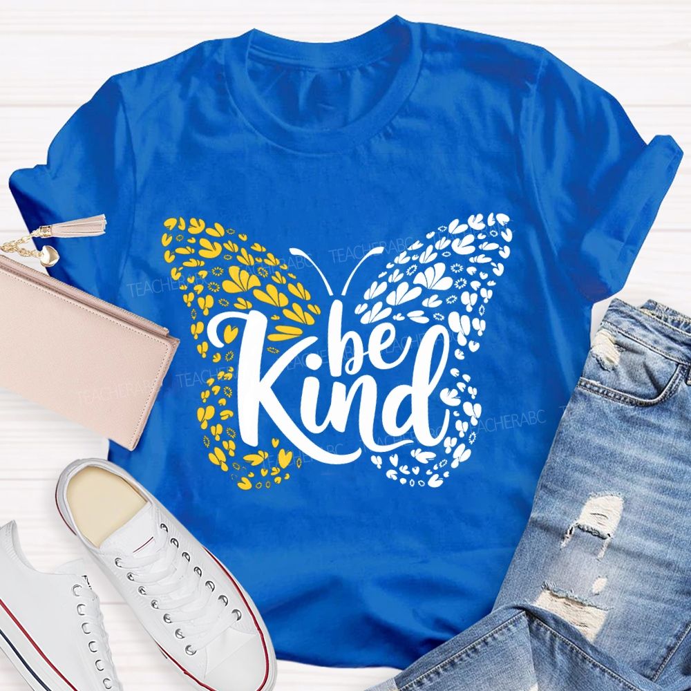 Be Kind Down Syndrome Blue And Yellow Butterfly Teacher T-shirt
