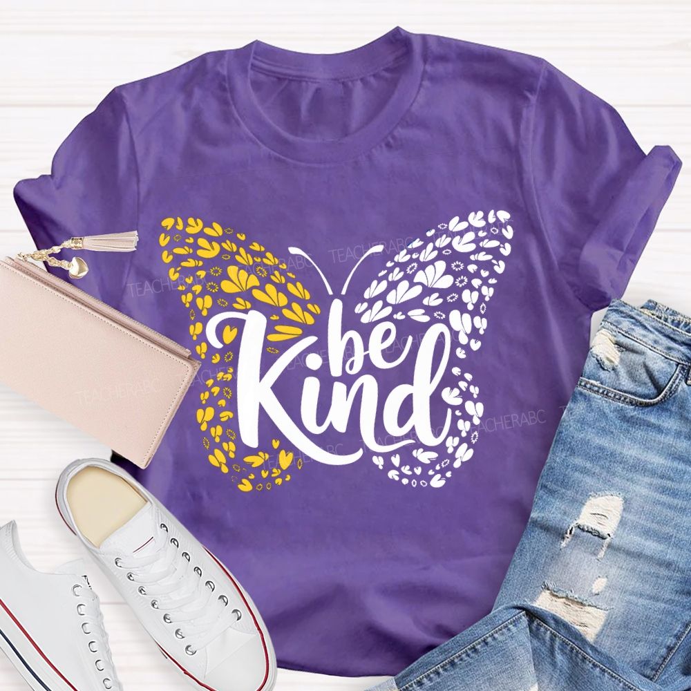 Be Kind Down Syndrome Blue And Yellow Butterfly Teacher T-shirt