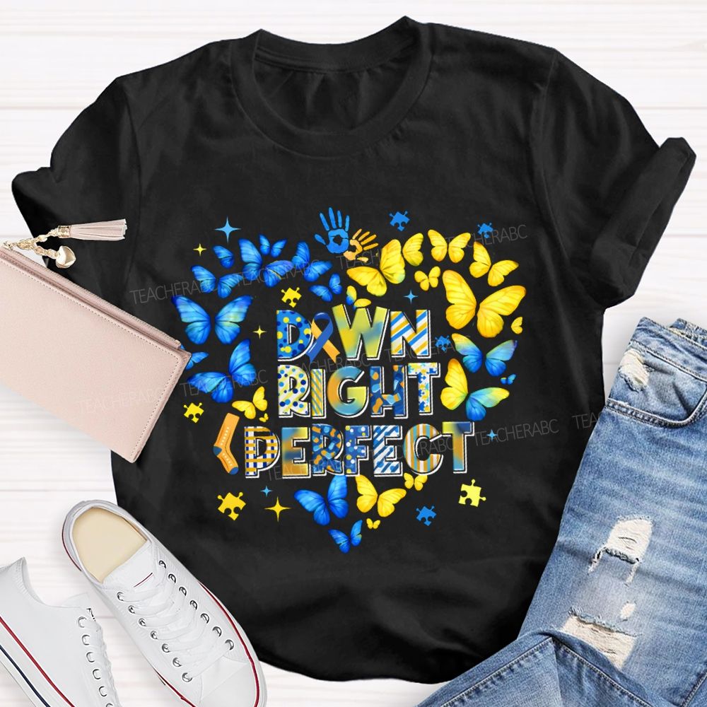 Down Right Perfect Down Syndrome Acceptance Colorful Butterflies Teacher T-shirt