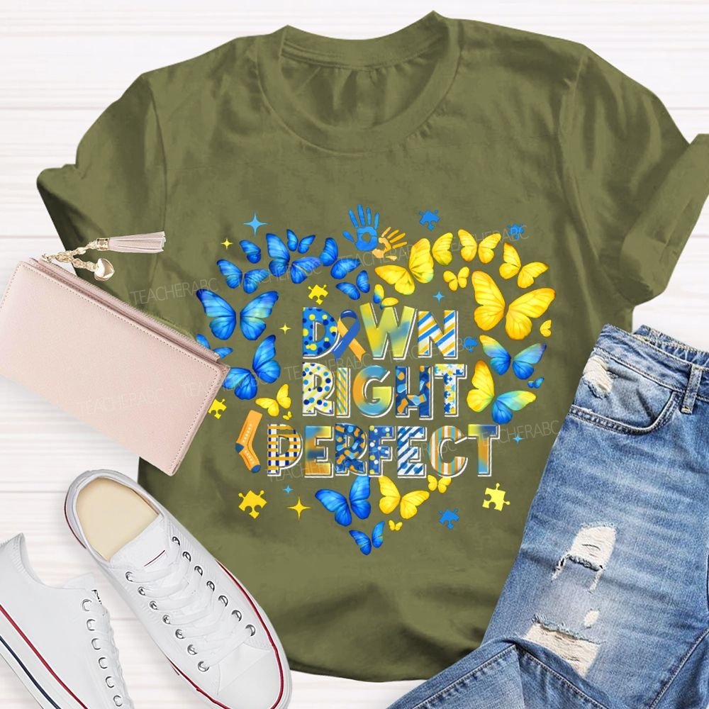 Down Right Perfect Down Syndrome Acceptance Colorful Butterflies Teacher T-shirt
