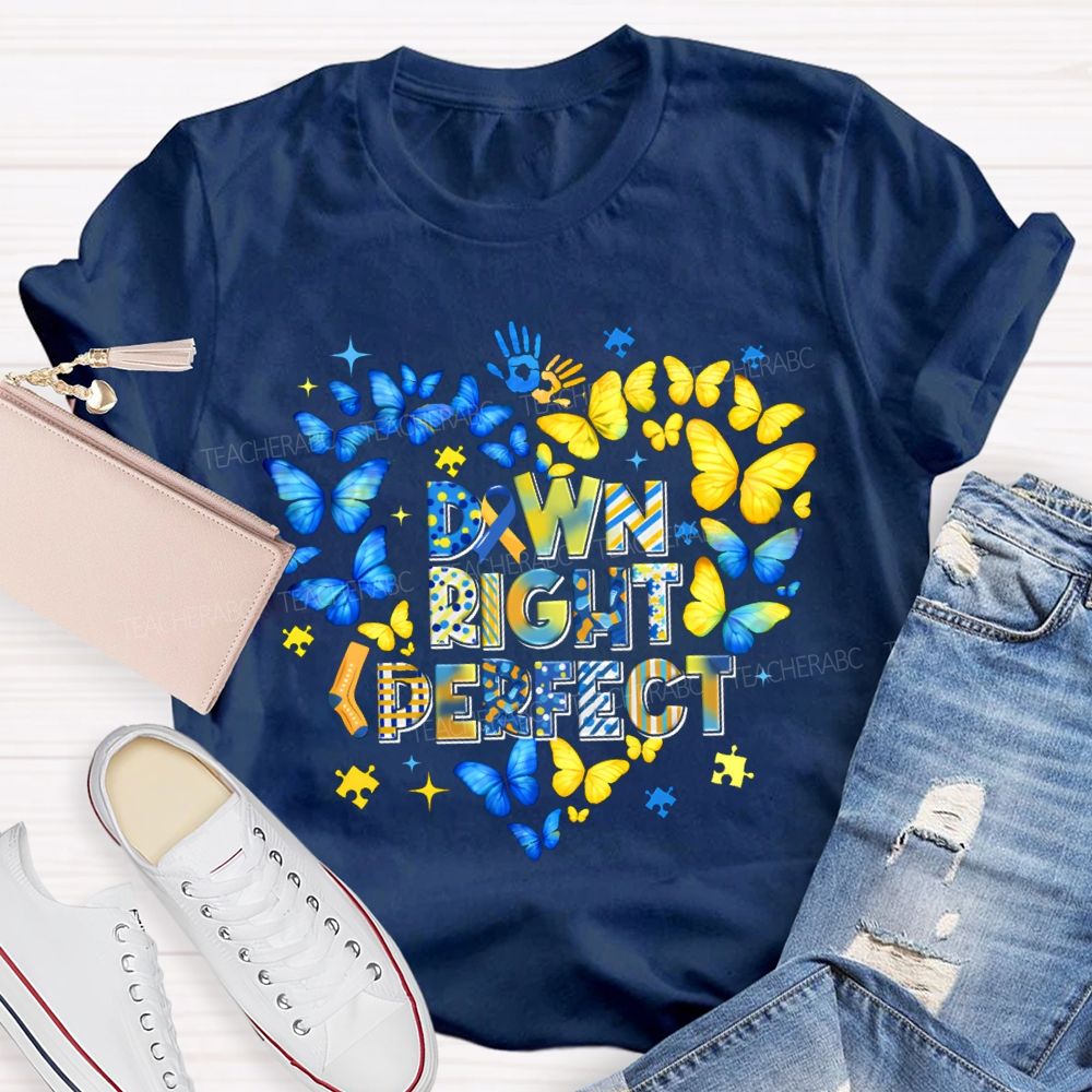 Down Right Perfect Down Syndrome Acceptance Colorful Butterflies Teacher T-shirt