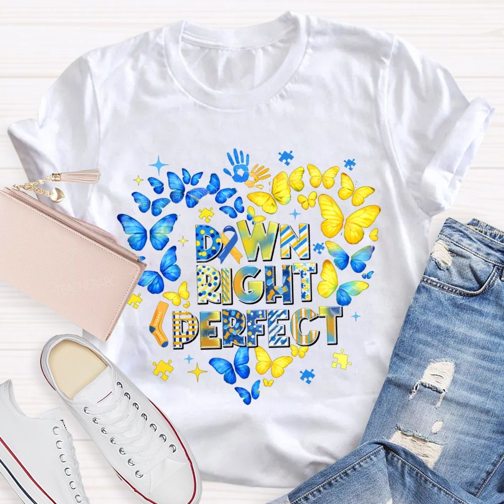Down Right Perfect Down Syndrome Acceptance Colorful Butterflies Teacher T-shirt