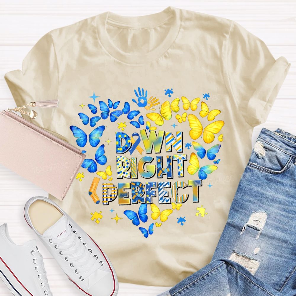 Down Right Perfect Down Syndrome Acceptance Colorful Butterflies Teacher T-shirt