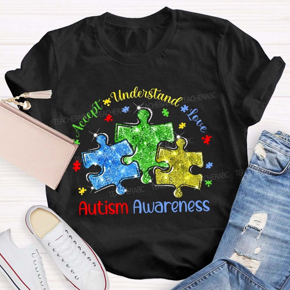 Accept Understand Love Autism Awareness Colorful Puzzle Teacher T-shirt