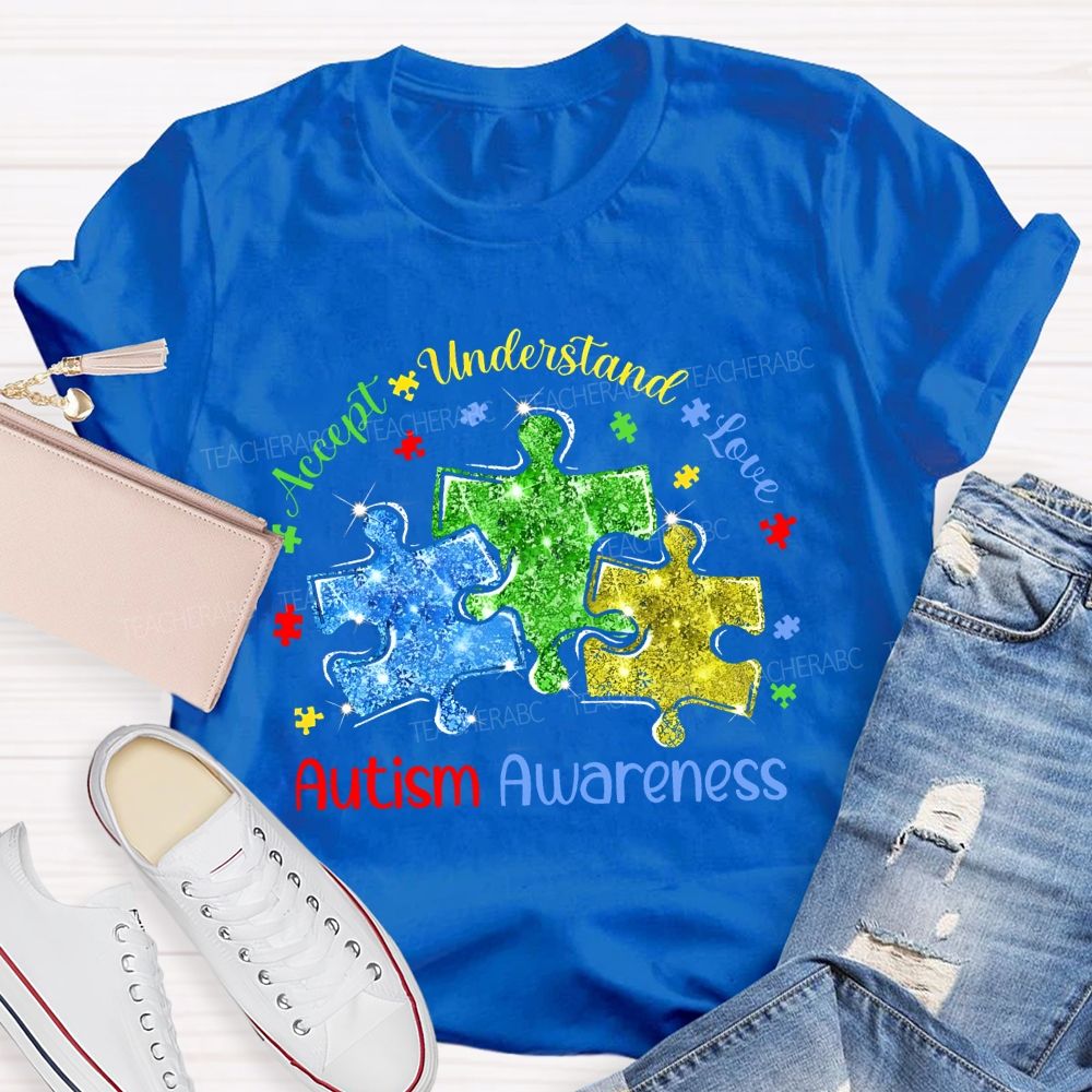 Accept Understand Love Autism Awareness Colorful Puzzle Teacher T-shirt