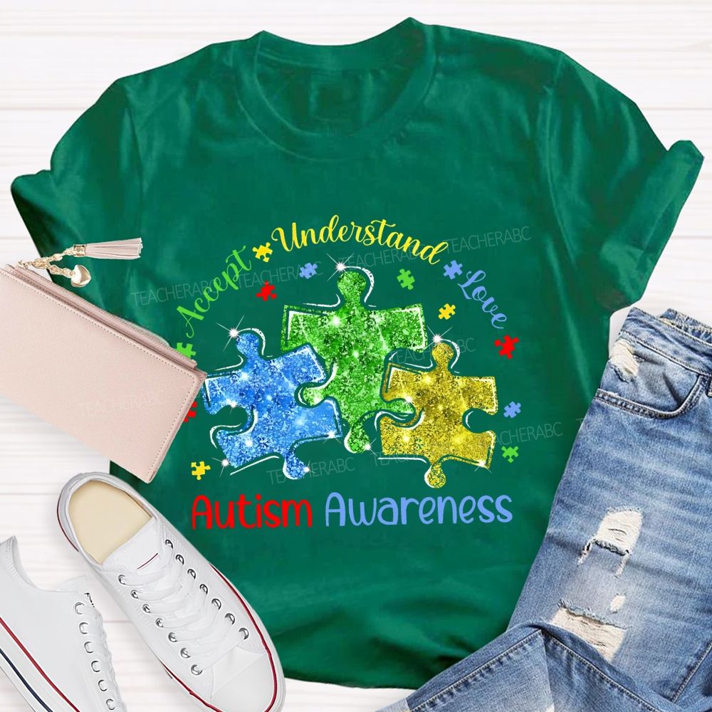 Accept Understand Love Autism Awareness Colorful Puzzle Teacher T-shirt