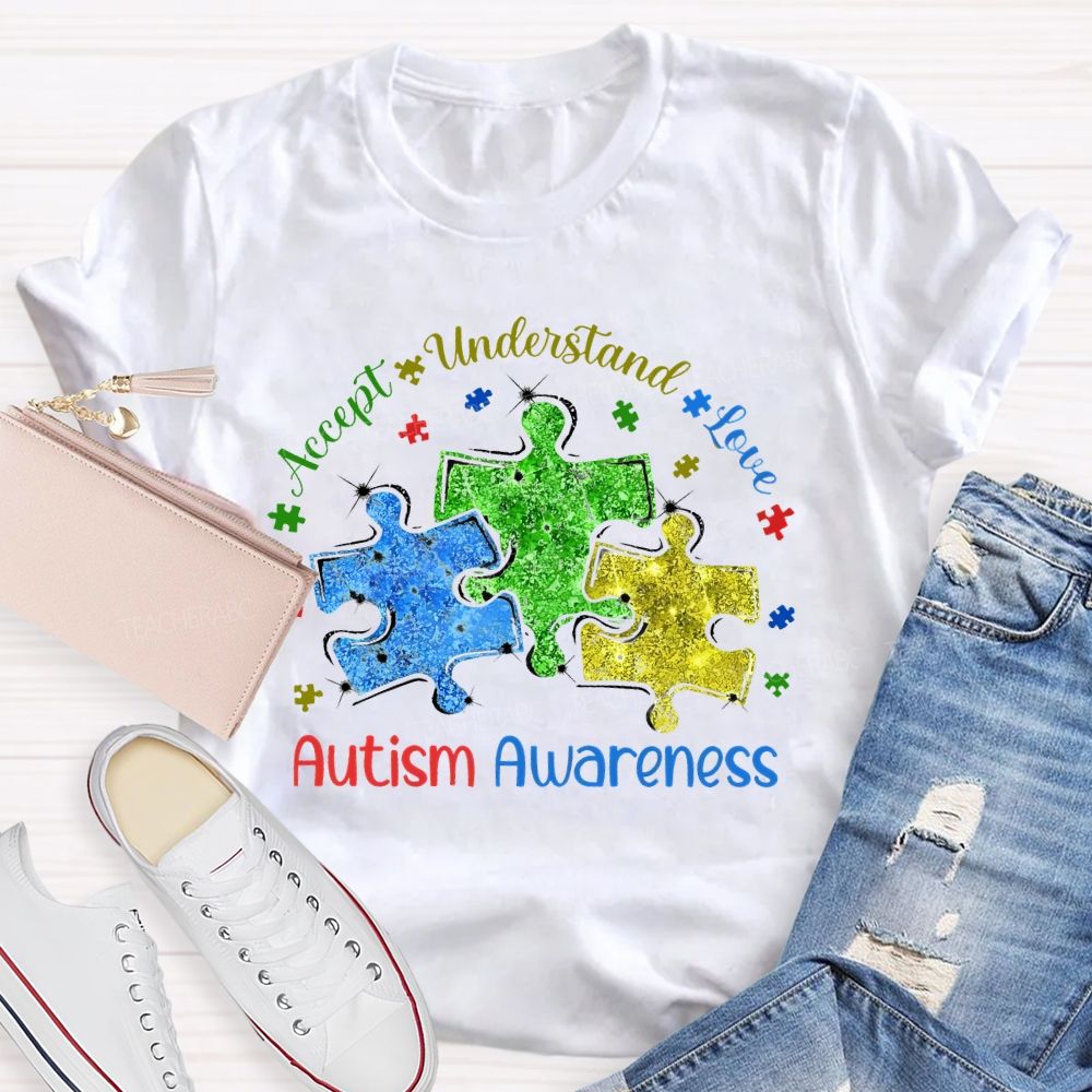 Accept Understand Love Autism Awareness Colorful Puzzle Teacher T-shirt