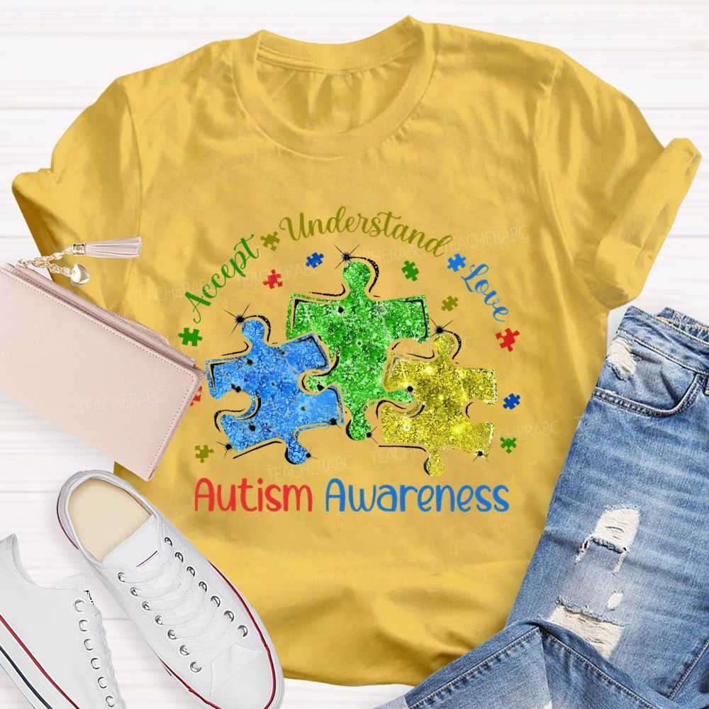 Accept Understand Love Autism Awareness Colorful Puzzle Teacher T-shirt