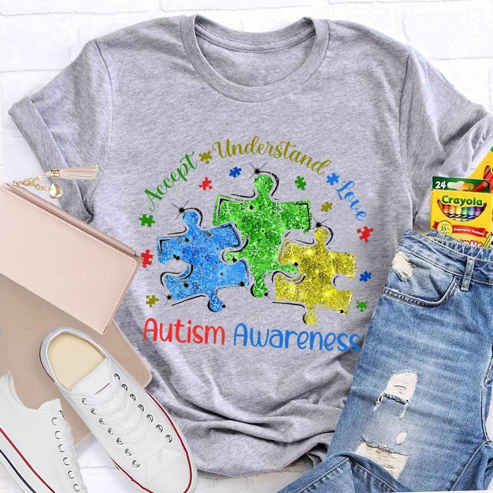 Accept Understand Love Autism Awareness Colorful Puzzle Teacher T-shirt