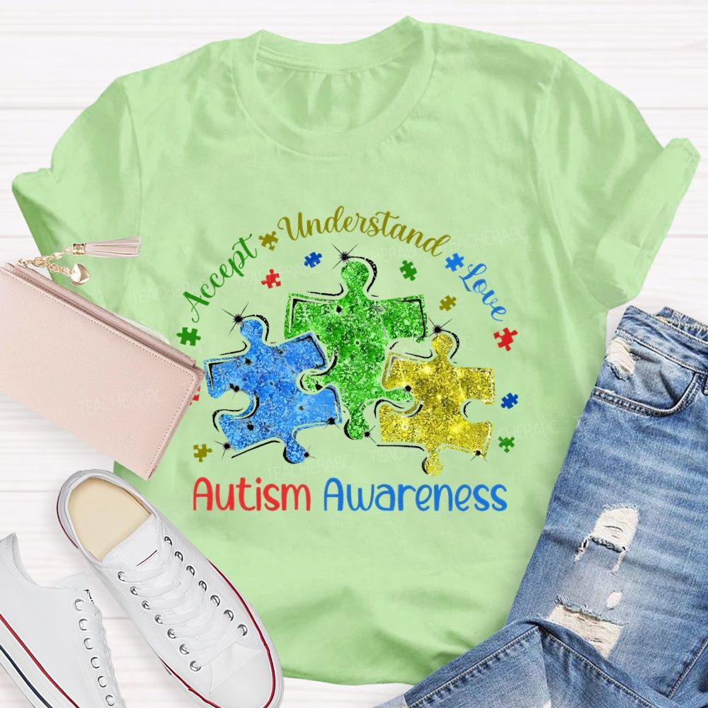 Accept Understand Love Autism Awareness Colorful Puzzle Teacher T-shirt