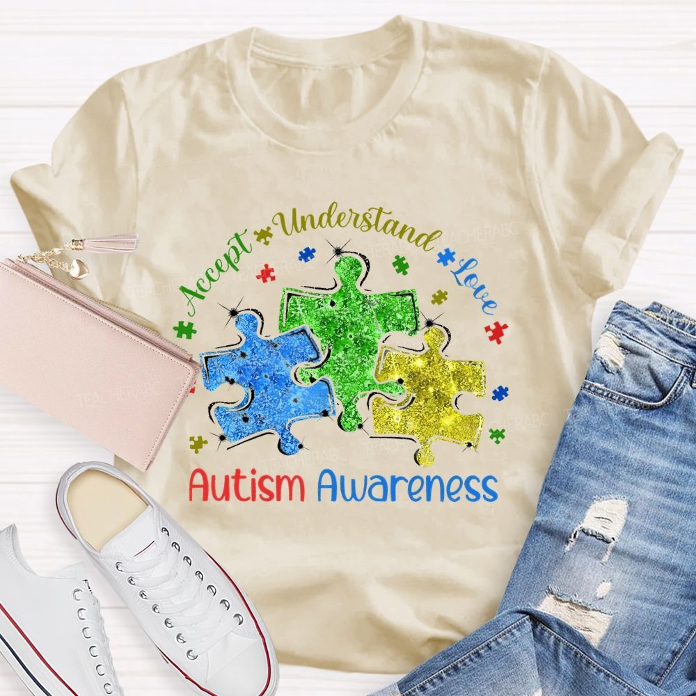 Accept Understand Love Autism Awareness Colorful Puzzle Teacher T-shirt