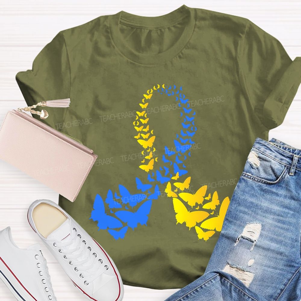 Down Syndrome Awareness Yellow Blue Butterfly Teacher T-shirt