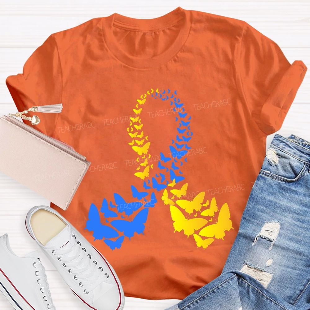Down Syndrome Awareness Yellow Blue Butterfly Teacher T-shirt