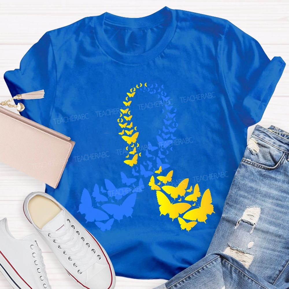 Down Syndrome Awareness Yellow Blue Butterfly Teacher T-shirt