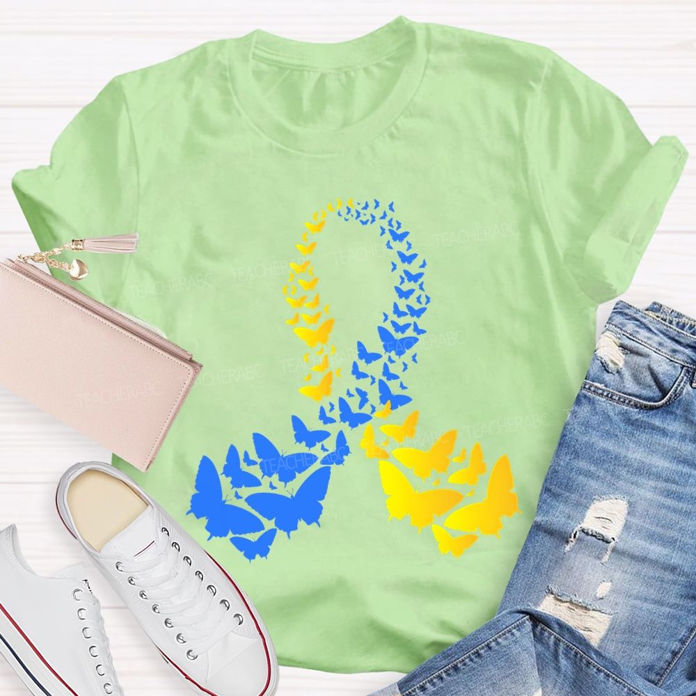 Down Syndrome Awareness Yellow Blue Butterfly Teacher T-shirt