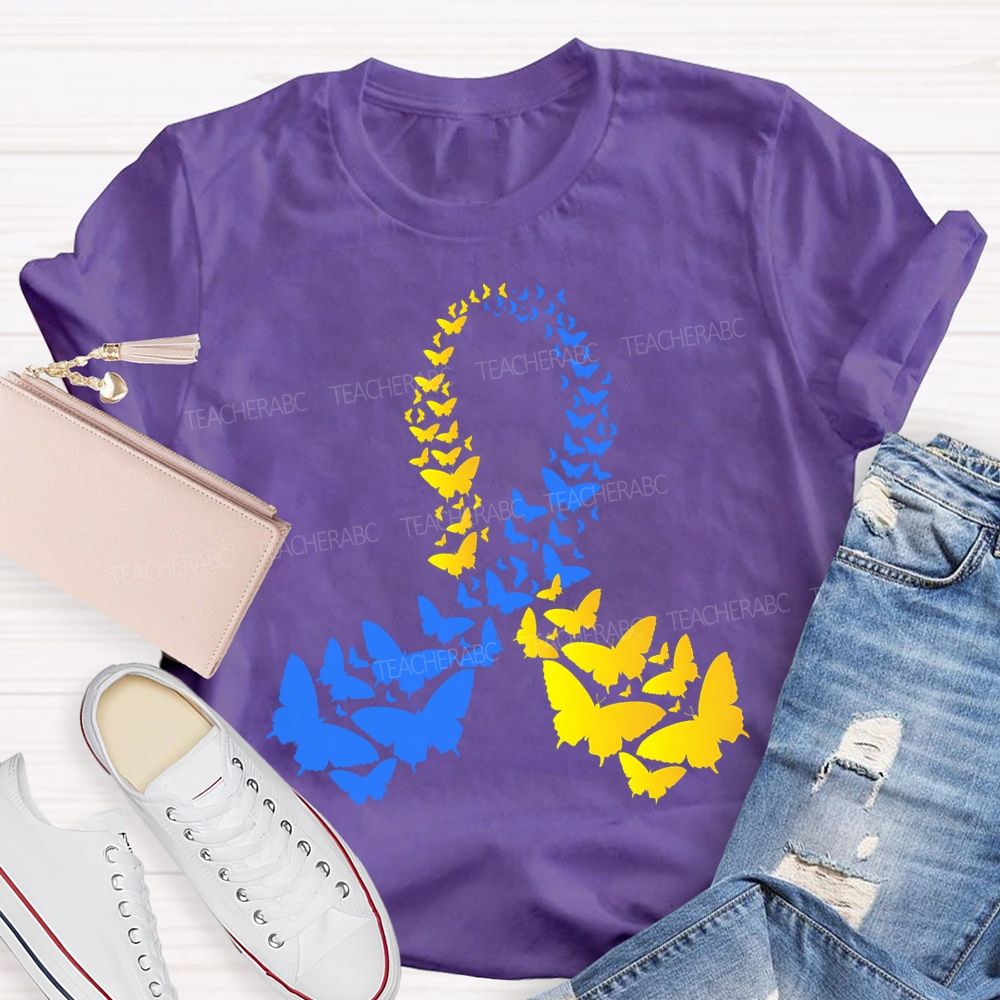 Down Syndrome Awareness Yellow Blue Butterfly Teacher T-shirt