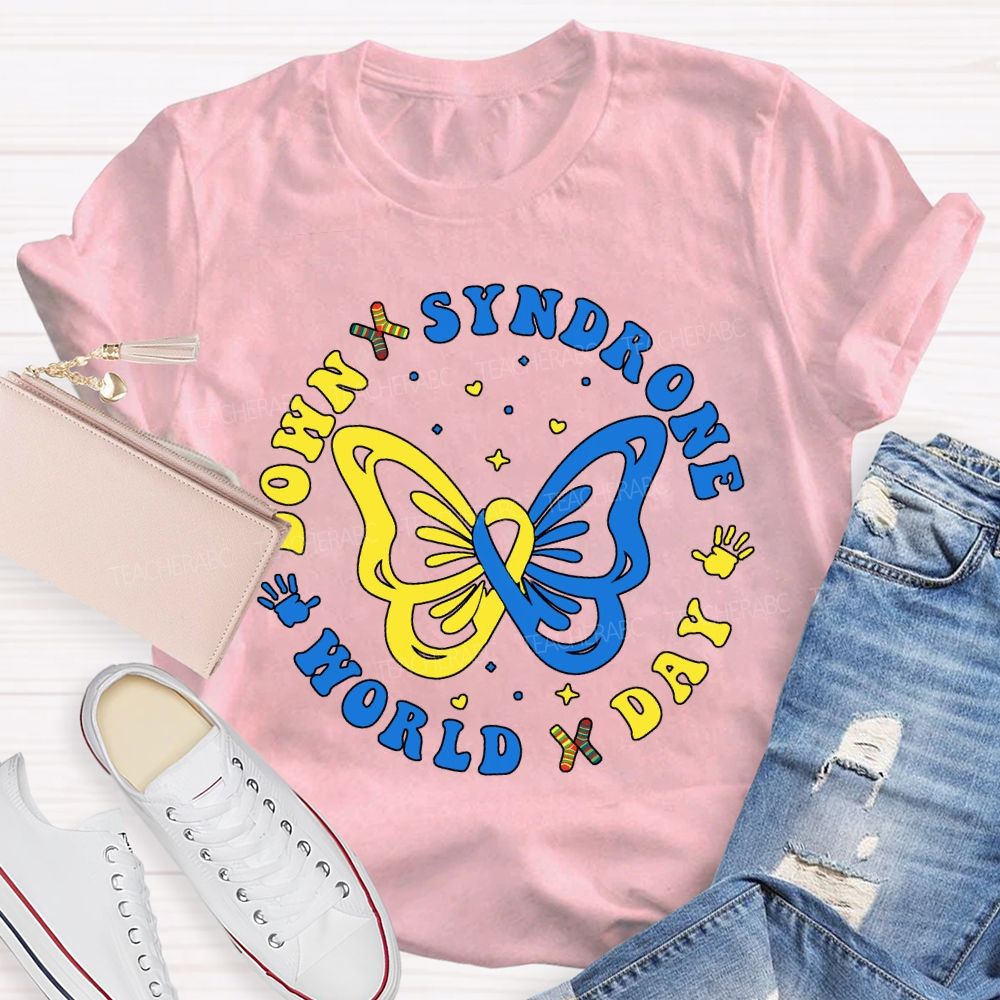Down Syndrome World Day Yellow Blue Butterfly Teacher T-shirt