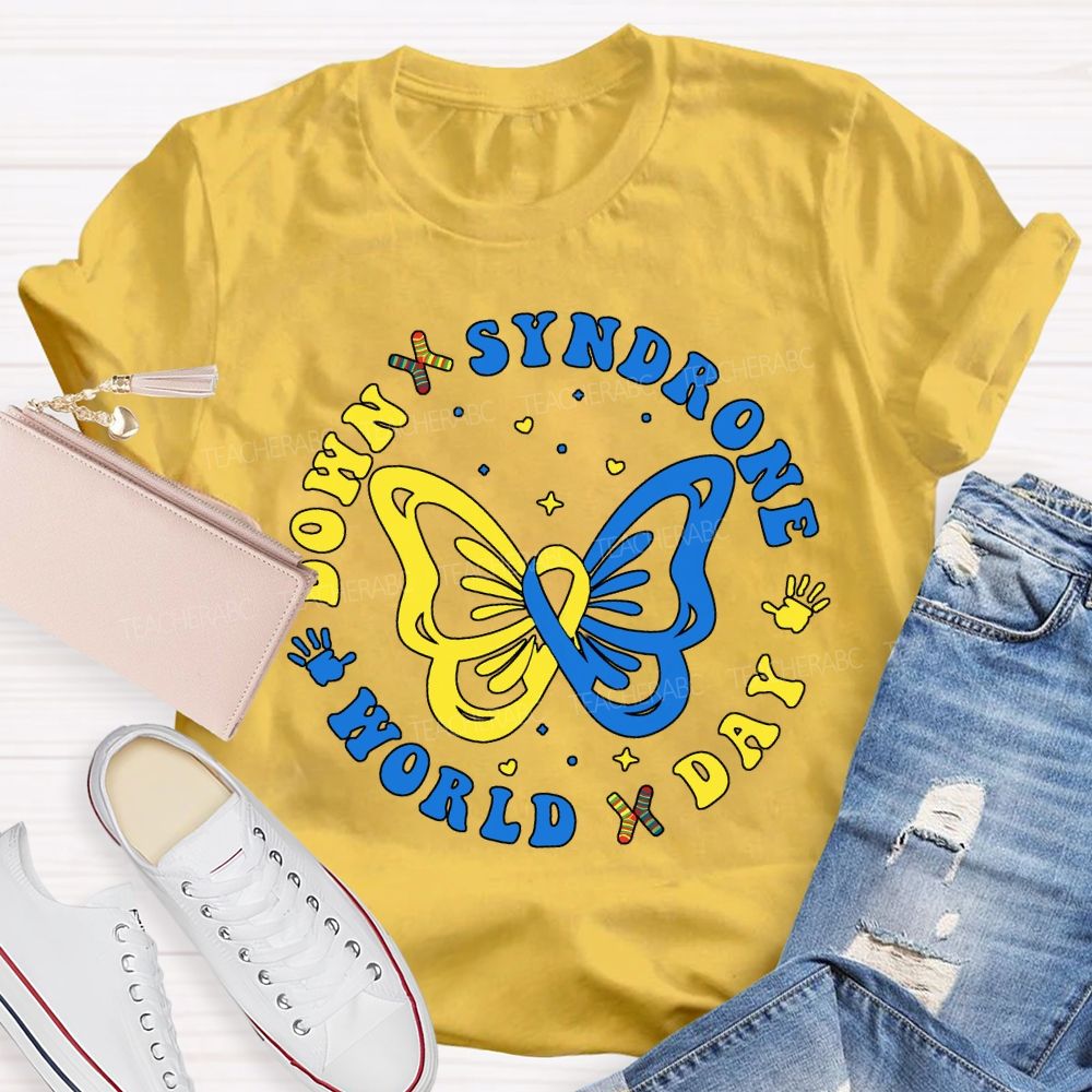 Down Syndrome World Day Yellow Blue Butterfly Teacher T-shirt