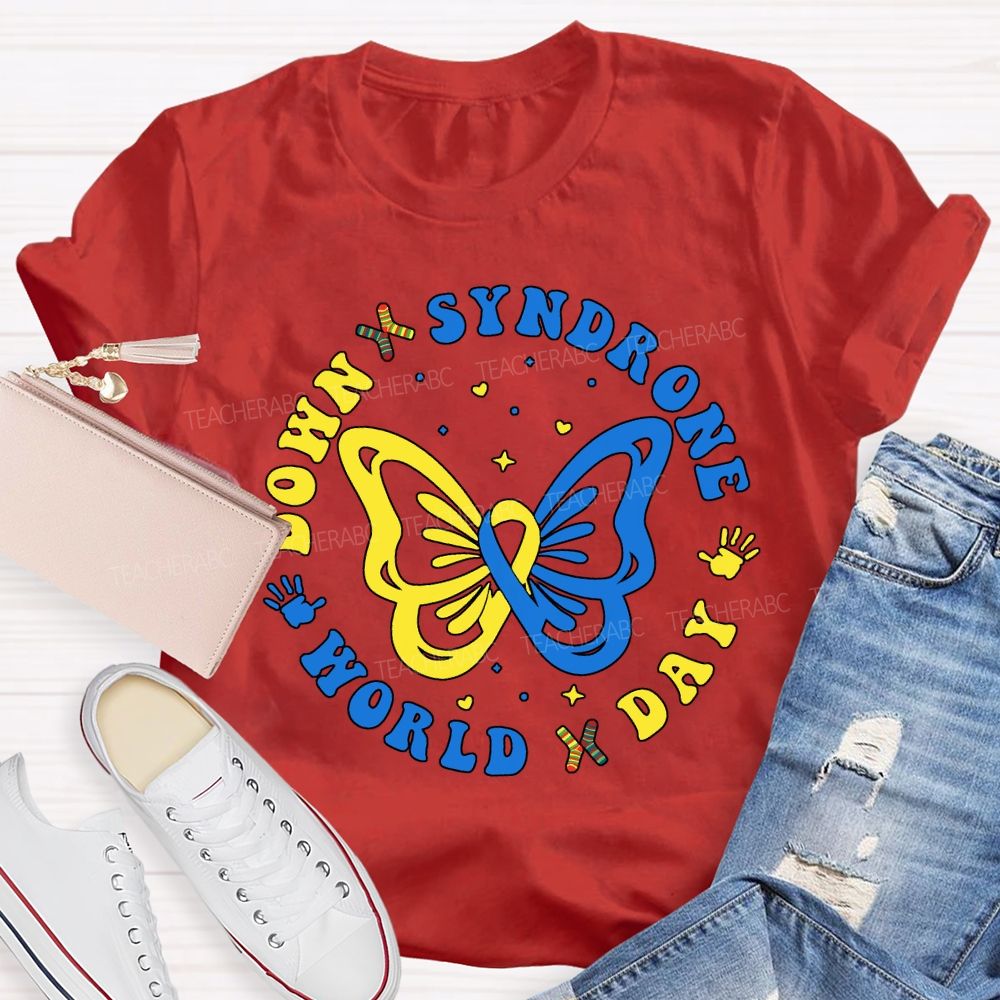 Down Syndrome World Day Yellow Blue Butterfly Teacher T-shirt