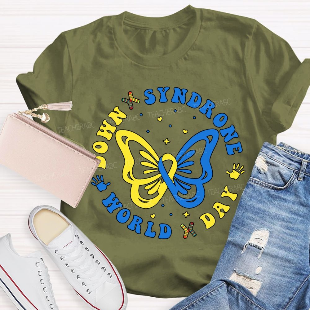 Down Syndrome World Day Yellow Blue Butterfly Teacher T-shirt
