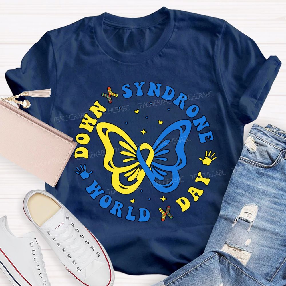 Down Syndrome World Day Yellow Blue Butterfly Teacher T-shirt