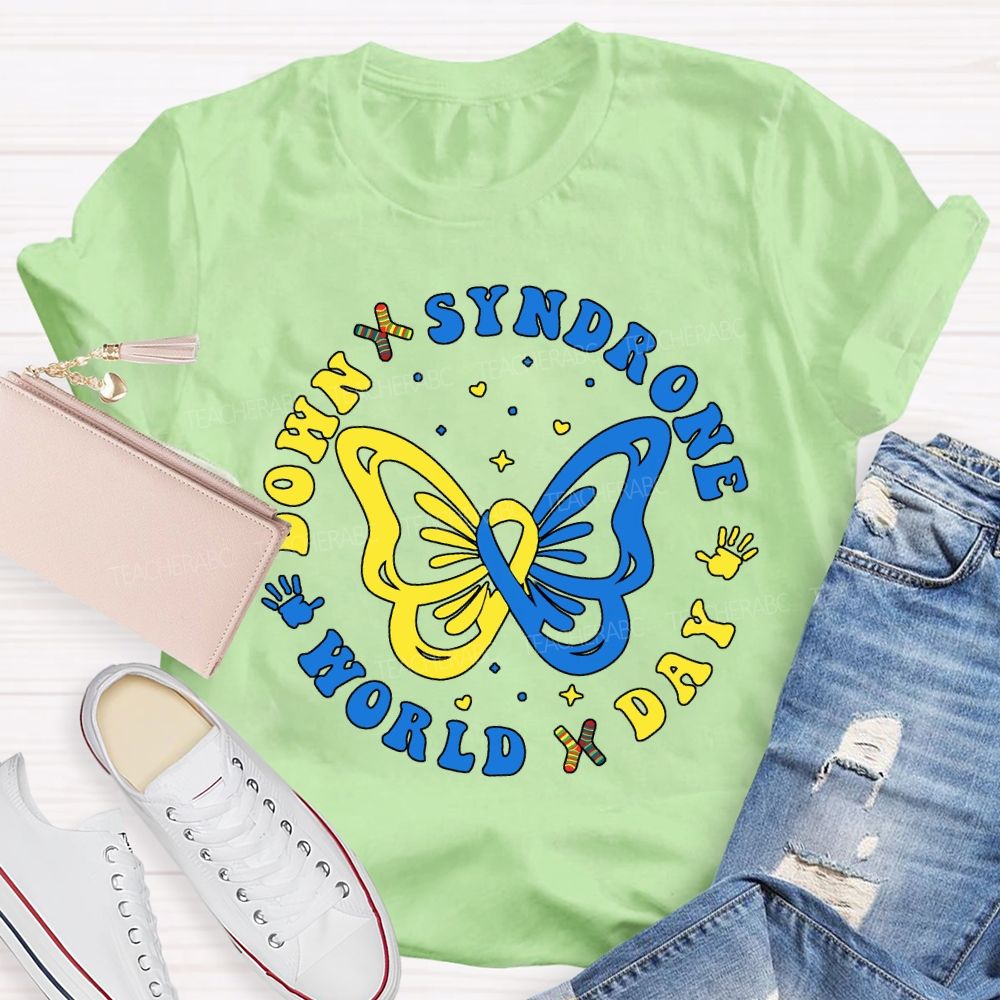 Down Syndrome World Day Yellow Blue Butterfly Teacher T-shirt