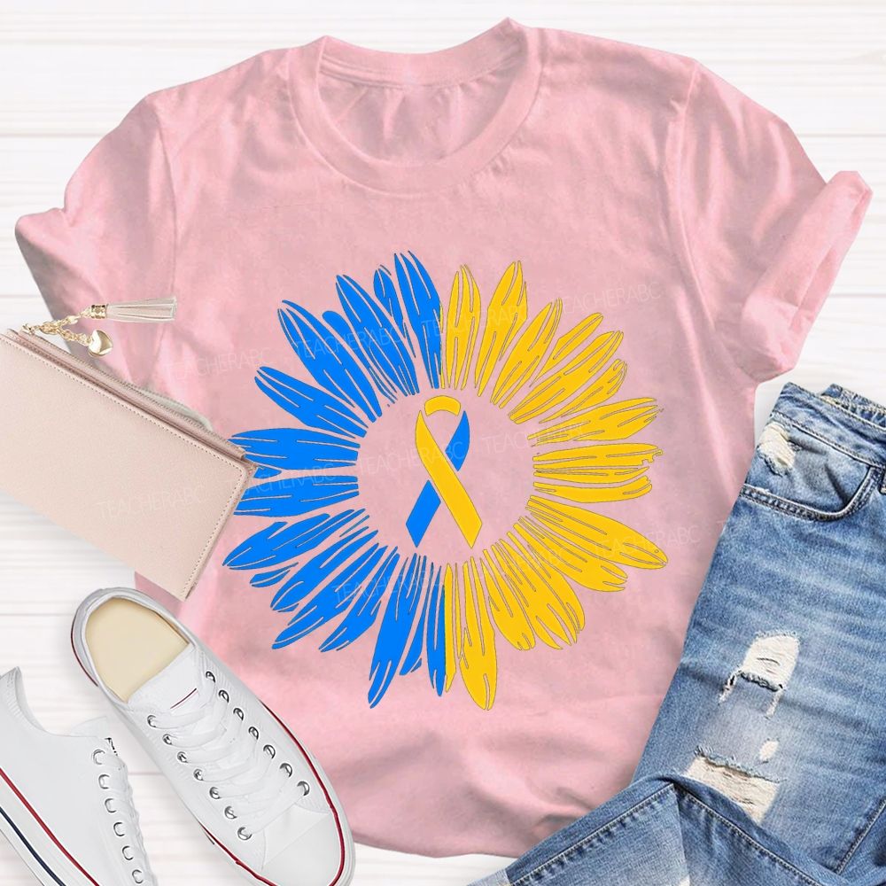 Down Syndrome Awareness Yellow Blue Sunflower Teacher T-shirt