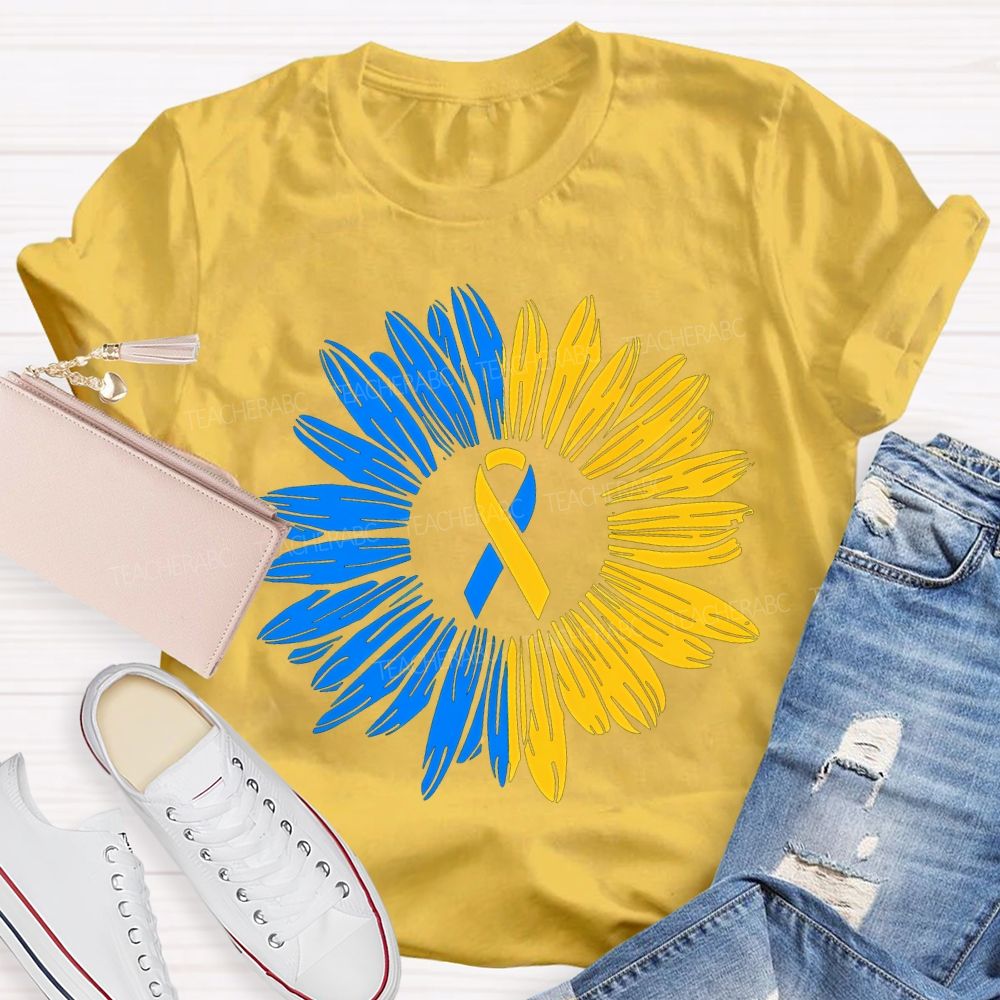 Down Syndrome Awareness Yellow Blue Sunflower Teacher T-shirt