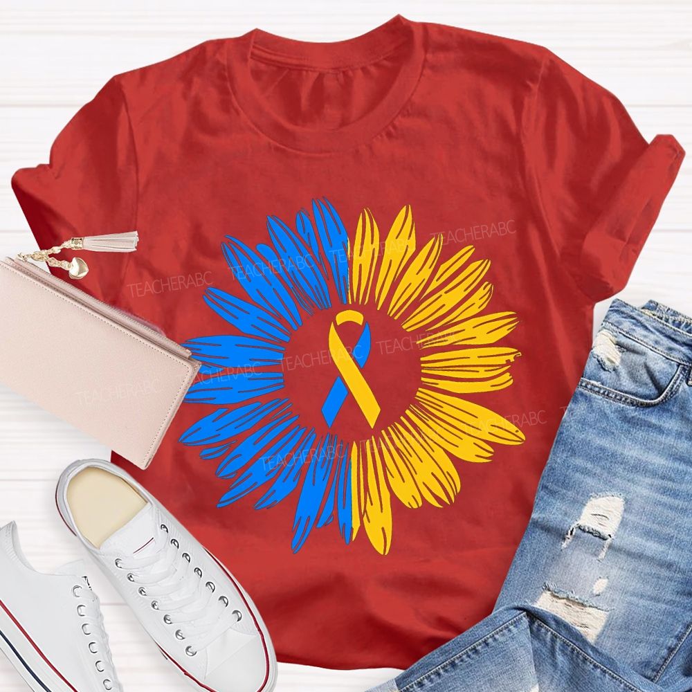 Down Syndrome Awareness Yellow Blue Sunflower Teacher T-shirt