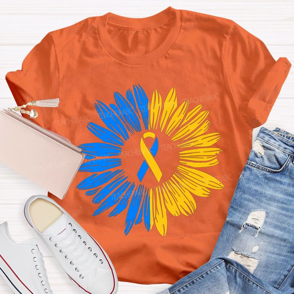 Down Syndrome Awareness Yellow Blue Sunflower Teacher T-shirt