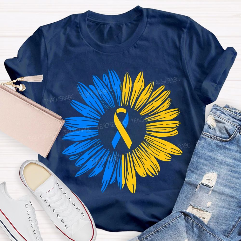 Down Syndrome Awareness Yellow Blue Sunflower Teacher T-shirt