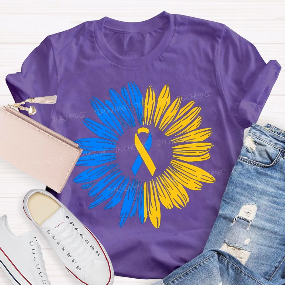 Down Syndrome Awareness Yellow Blue Sunflower Teacher T-shirt