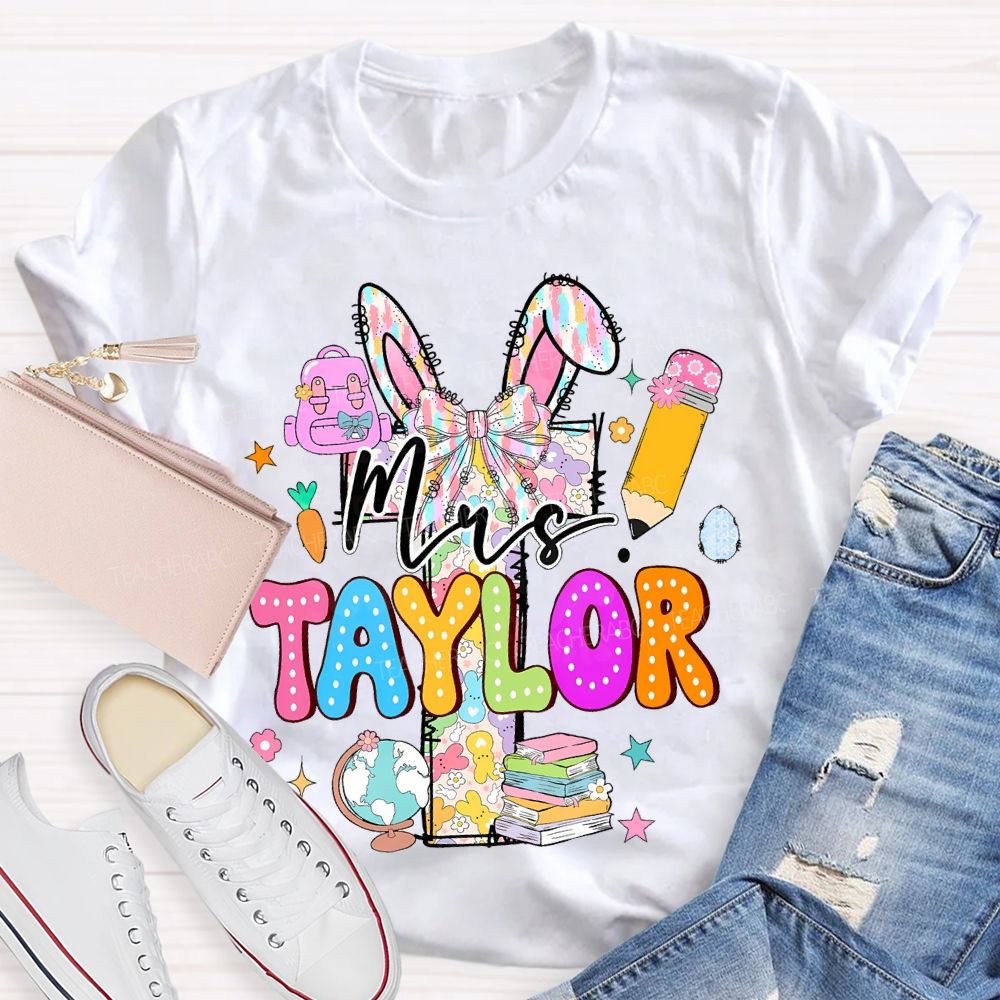 Personalized Name Easter Bunny Letters Book Teacher T-shirt