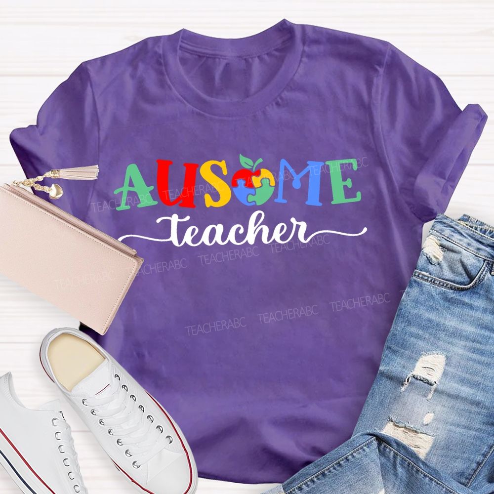 Ausome Teacher Apple Autism Awareness Teacher T-shirt