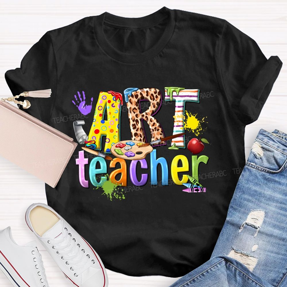 Art Teacher Colorful Leopard Print Letters Teacher T-shirt