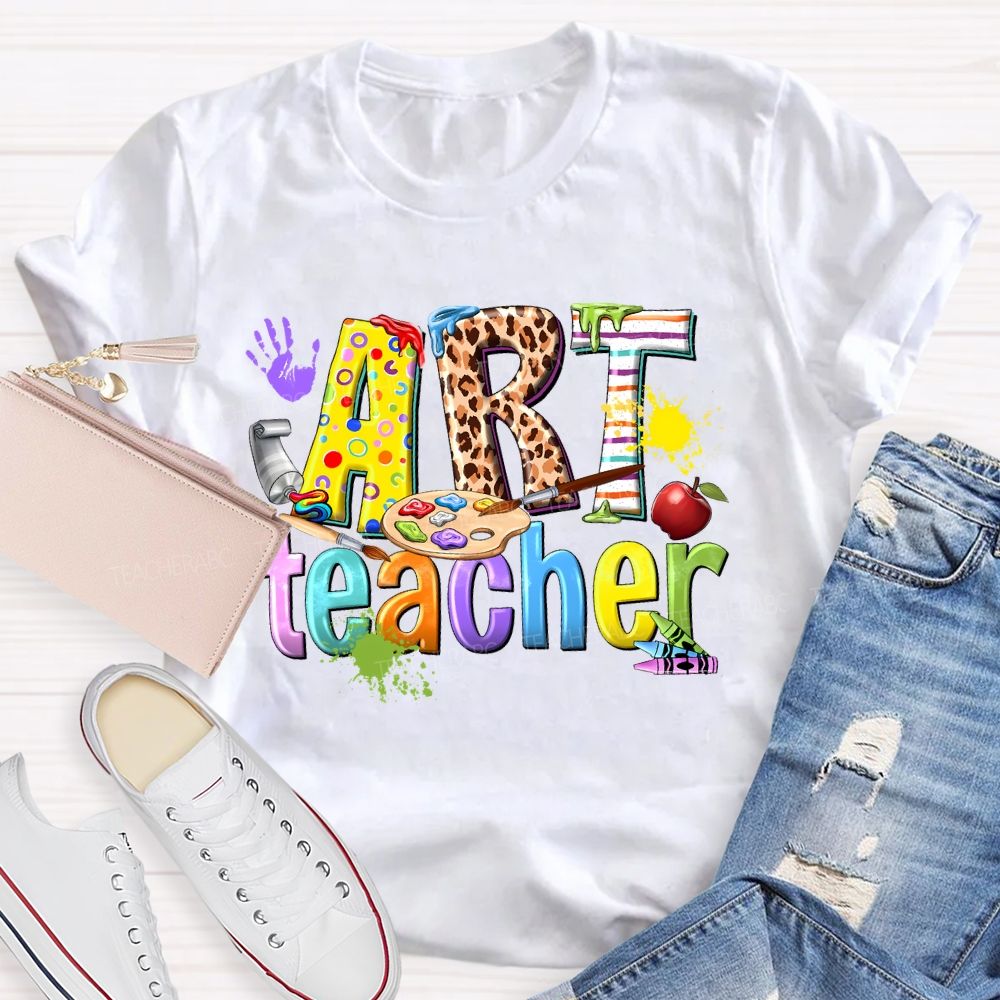 Art Teacher Colorful Leopard Print Letters Teacher T-shirt