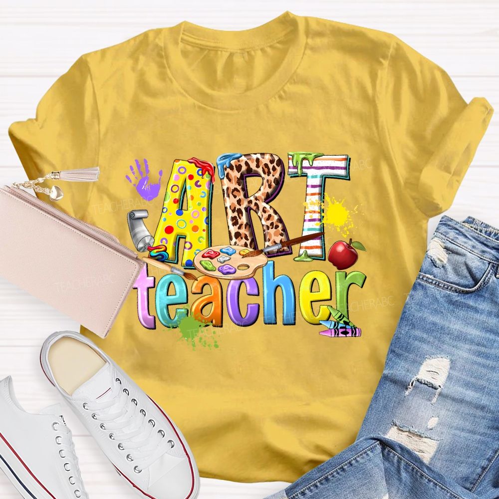 Art Teacher Colorful Leopard Print Letters Teacher T-shirt