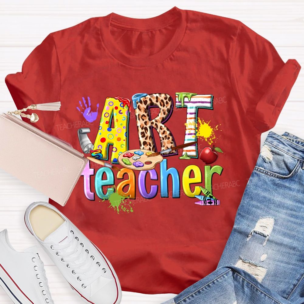 Art Teacher Colorful Leopard Print Letters Teacher T-shirt