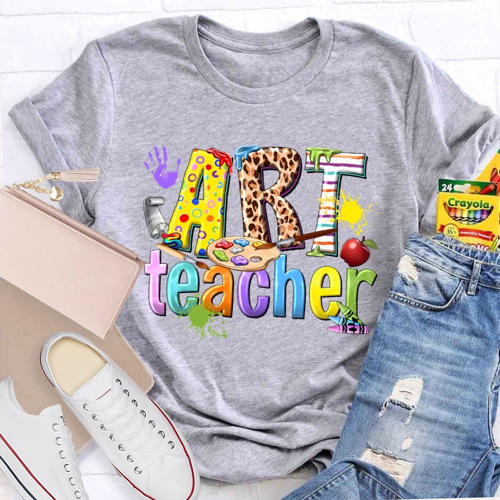 Art Teacher Colorful Leopard Print Letters Teacher T-shirt